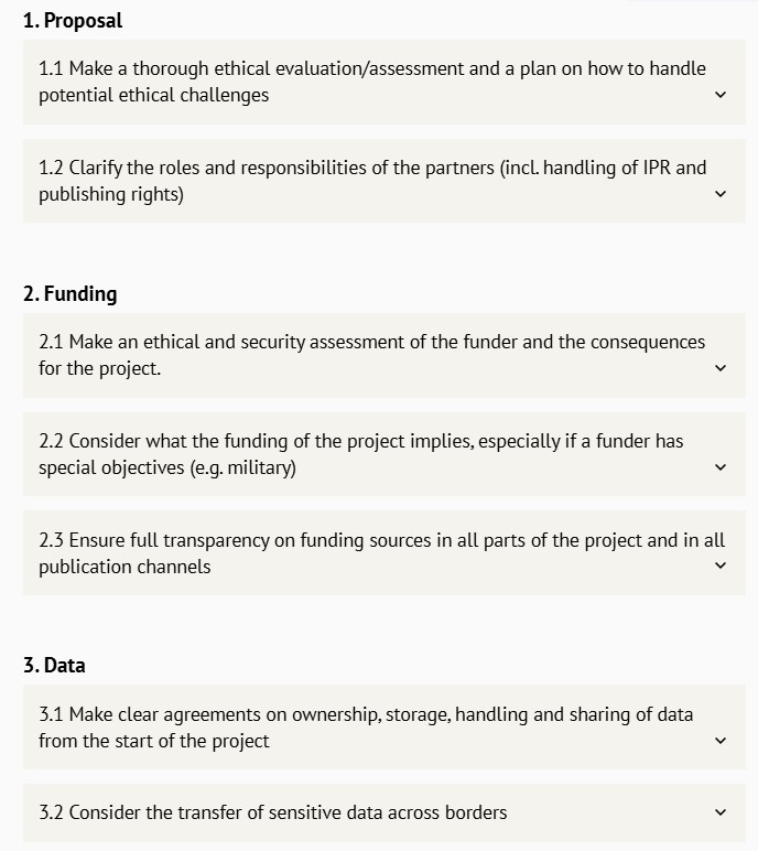 Skjermprint av nettsiden med r&aring;d under punktene "proposal", "funding" og "data"
