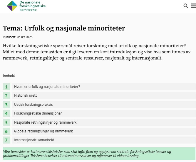 Skjermutskrift av nettsiden Temaside: Urfolk og nasjonale minoriteter