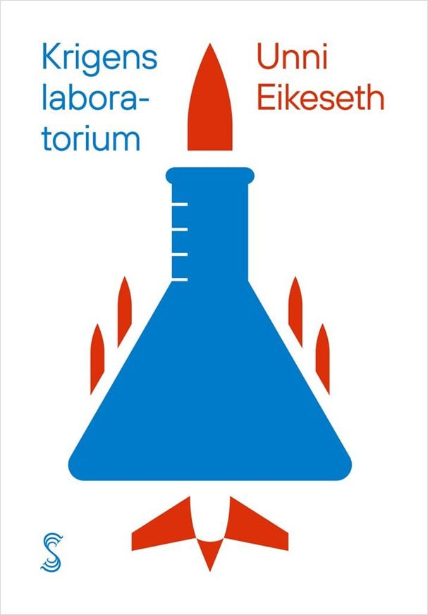 Omslag av boka krigens laboratorium illustrert med ei laboratorie-kolbe som liknar ein rakett