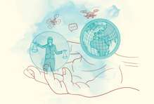 illustration of hand holding a sphere with a woman holding weight scales. A globe is floating over the hand 