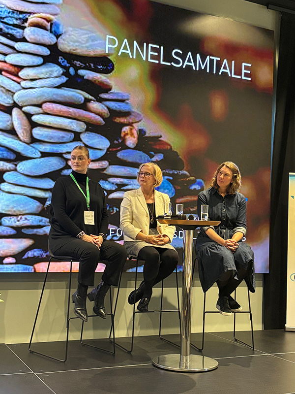 Lie, Dyb og Jonsdottir sitter på krakker foran et bilde av en steinstabel der det står "panelsamtale".