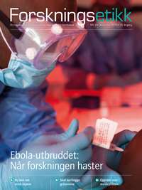 Forside, Forskningsetikk nr 4, 2015. Bilde av sykepleier med maske og hansker som gir sprøyte vaksine.