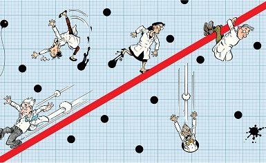 Cartoon researchers sliding down and falling off a statistical curve
