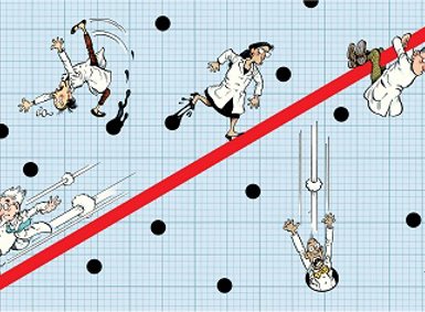 Cartoon researchers sliding down and falling off a statistical curve