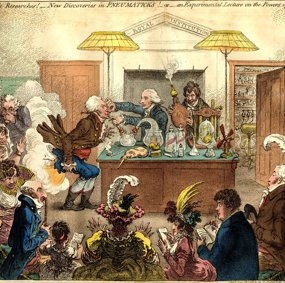 Illustrasjon av vitenskapelig show ved Royal Institution i London. Tre menn viser frem et eksperiment med kolber og luftbelger.