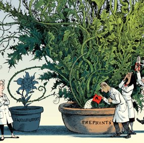 Illustration of scientists tending to a plant labeled preprints, while a small plant labeled peer review stands in it's shadow
