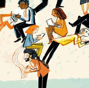 Illustration of people writing on different devices.