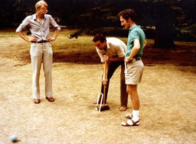 Michael Hassell, Robert May and Roy Anderson playing croquet at Imperial College.