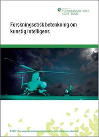 Omslag av forskningsetisk betenkning om kunstig intelligens med bilde av et førerløst helikopter