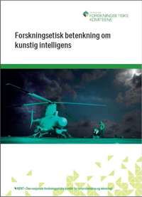 Omslag av forskningsetisk betenkning om kunstig intelligens med bilde av et førerløst helikopter